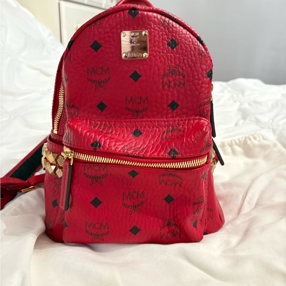 MCM Red Leather Backpack with Gold Hardware